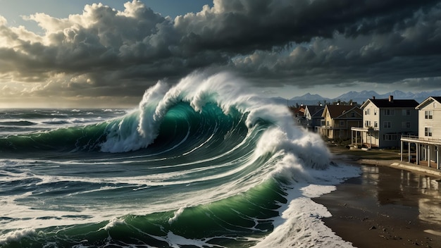 Tsunami Waves Crashing onto a Coastal Town