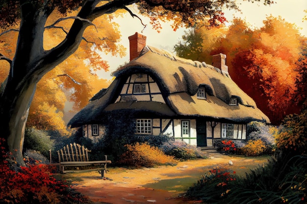 Tthatched cottage in peaceful wooded setting with view of colorful autumn trees