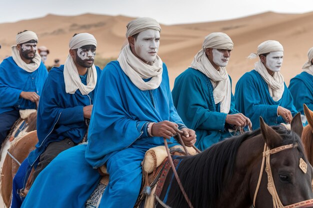 Tuareg riders adorned in blue amidst desert dunes