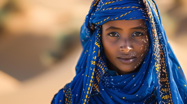 Tuareg woman in an authentic national blue dress Background with selective focus