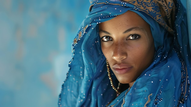 Photo tuareg woman in an authentic national blue dress background with selective focus