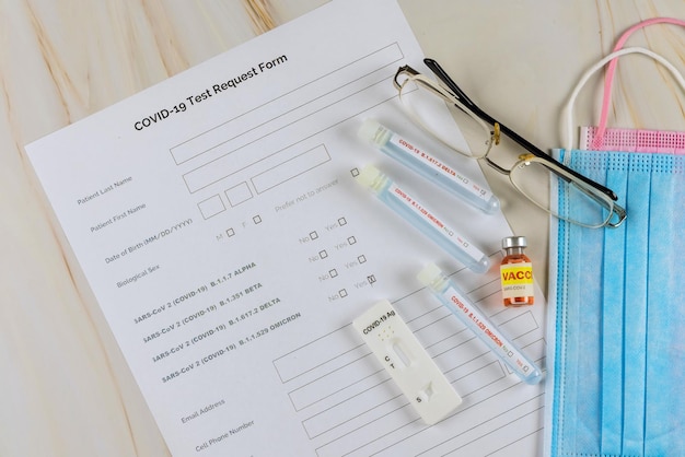 Tube containing swab sample for coronavirus new mutation Omicron COVID-19 test in laboratory