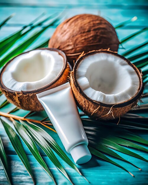 A tube of cream lies on the coconuts