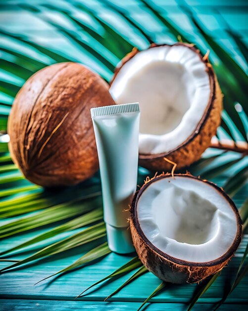 A tube of cream lies on the coconuts