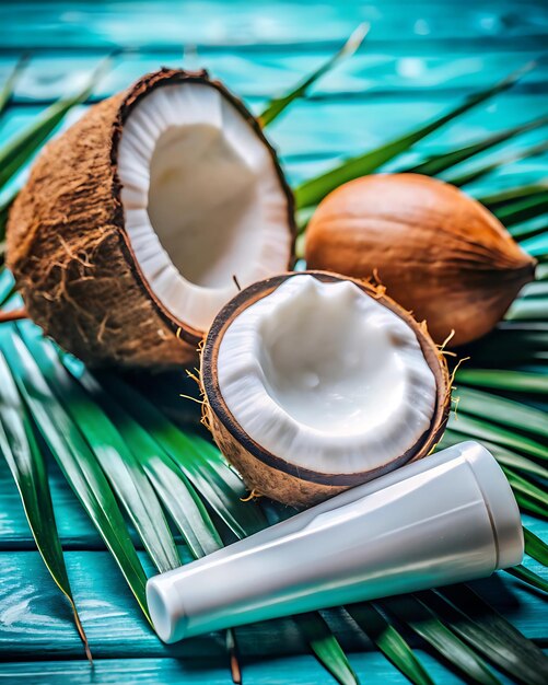 A tube of cream lies on the coconuts