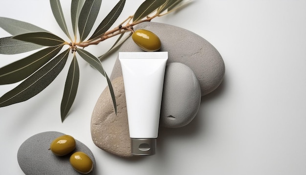 Tube of natural cream with olives stones and branch on white background flat lay