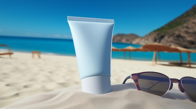 A tube of sunscreen and sunglasses on a beach