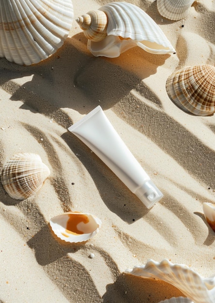 A tube of white spf cream on sand with shells