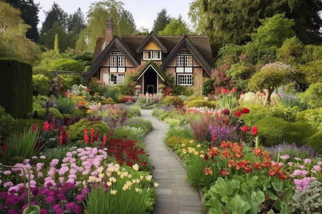 Tudor house with garden of colorful blooms and winding paths