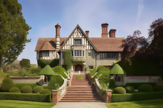 Tudor house with grand exterior featuring sweeping staircase and manicured gardens