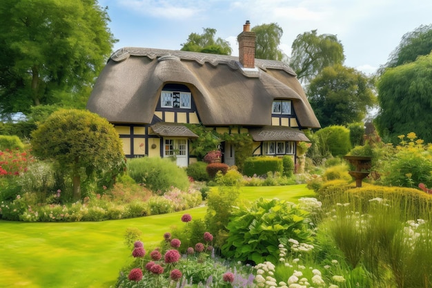 Tudor house with thatched roof and garden landscaping surrounded by natural beauty