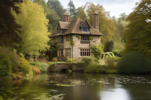 Tudor house with view of tranquil lake surrounded by trees