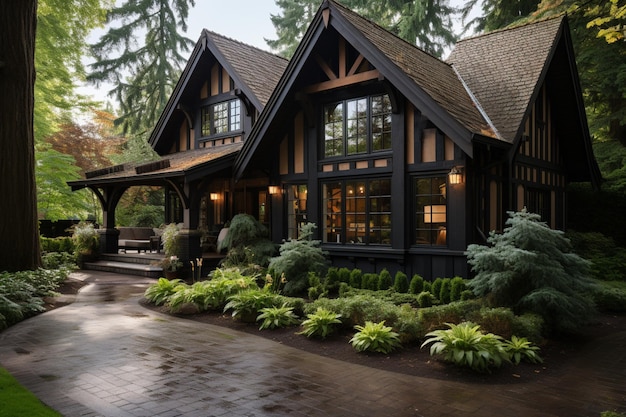 Tudor style family house exterior with a gable roof and timber framing showcasing wooden garage door