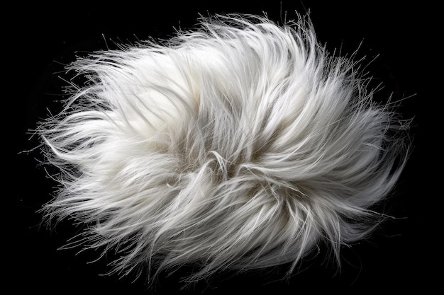 Tuft of white fur heap gray haired animal hair isolated on black top view