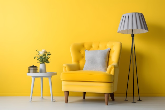 Tufted armchair and coffee table with lamp near yellow wall Interior design of modern living room