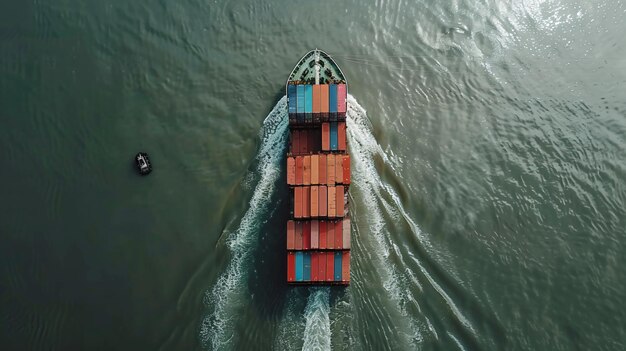 Tugboat Dragging Container Ship to Seaport Aerial View