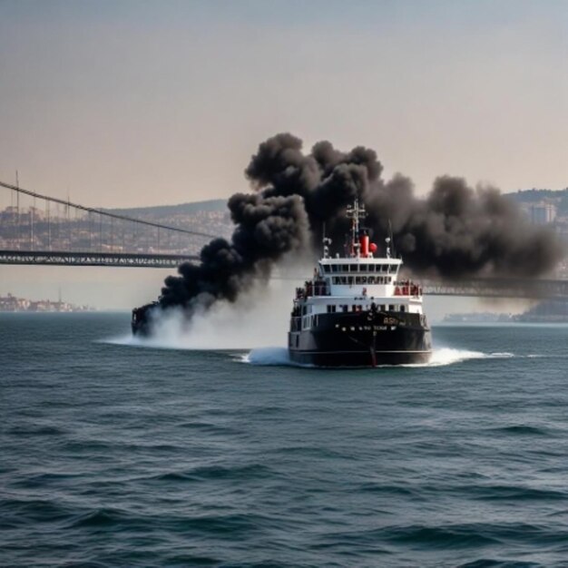 Photo a tugboat with a lot of smoke coming out of it