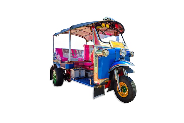 tuk tuk on a white backgroundClose up in front of colorful tuktuk tricycle taxi white background