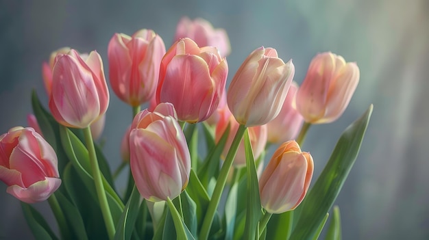 Tulip bouquet tulips spring flowers close up blooming pastel pink tulips Easter back Generative AI