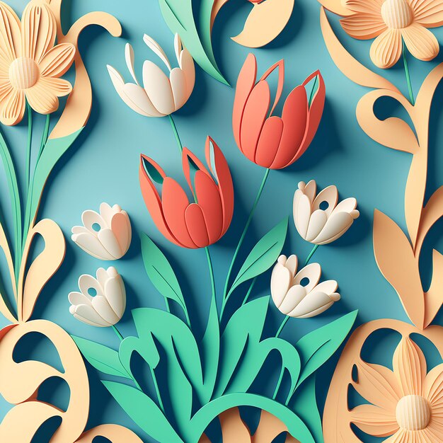 Tulip and daisy patterns in paper cut style Generative AI