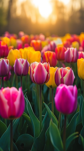 Photo tulip field filled with vivid red blooms that stretches to the horizon shining in the golden light of daybreak the image perfectly conveys the tranquility and beauty of nature at its peakxaxaxa