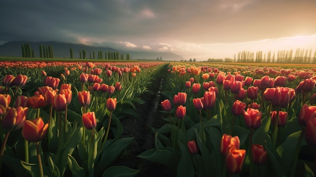 Tulip field in the light of sunset Beautiful spring landscape Generative AI