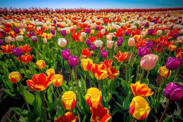 Tulip field with delicate blooms in full bloom