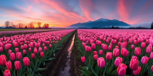 Photo tulip flower field at morning sunrise moment with beautiful sky