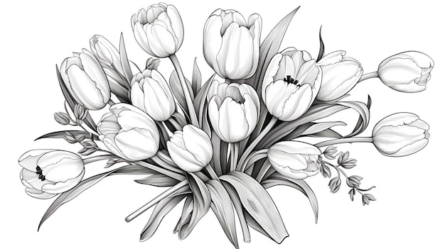 Photo tulip flower and leaves bouquet drawing vector hand wallpaper decor