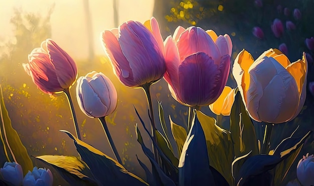 Tulip Flowers in the Moring Sun Spring Theme