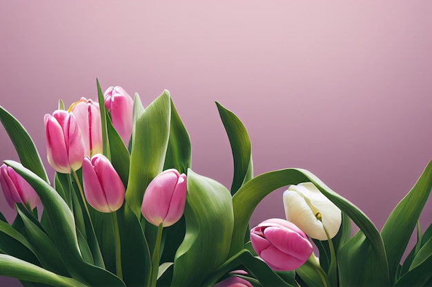 Tulip Flowers on Pink Background with Copy Space For Text