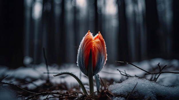 A tulip in the snow with the snow on the ground