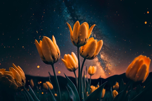 Tulip under the starry sky in the garden Generative AI