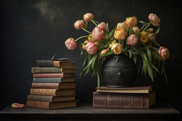 Tulips around blackboard