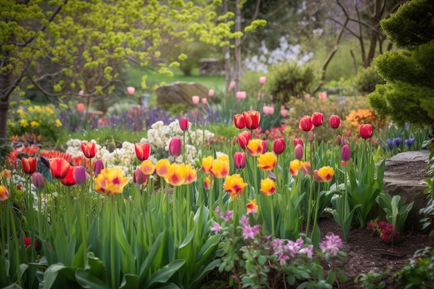 Tulips blooming in a country garden surrounded by colorful foliage