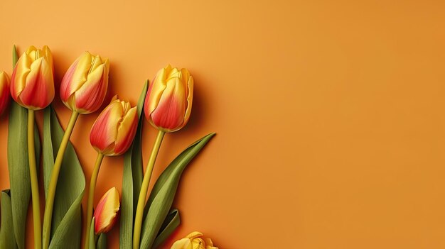 Tulips border with copy space on a colored background Beautiful frame composition of spring flowers Generative AI