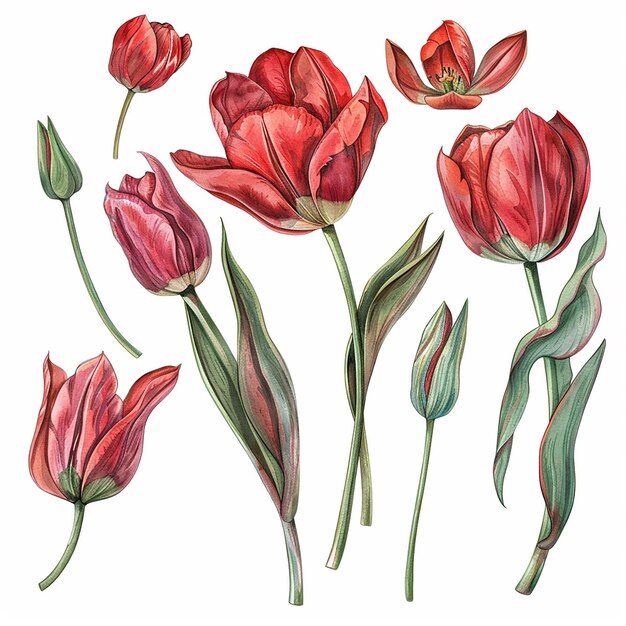 tulips botanical elements isolated on white background