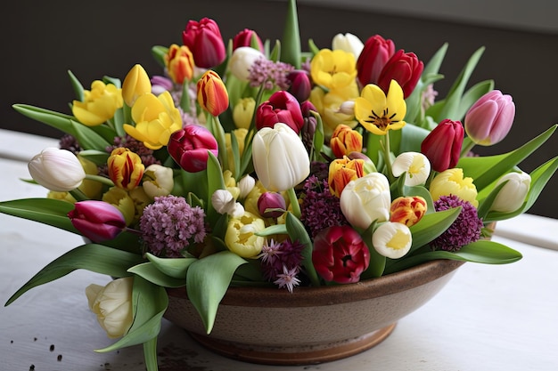 Tulips in a bowl surrounded by other spring blooms