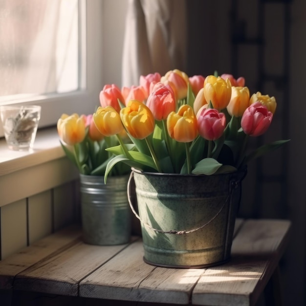 Tulips in a bucket on a table next to a window