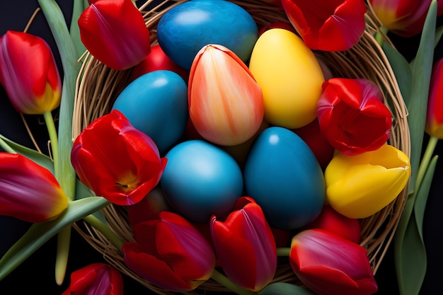 Tulips among colored eggs