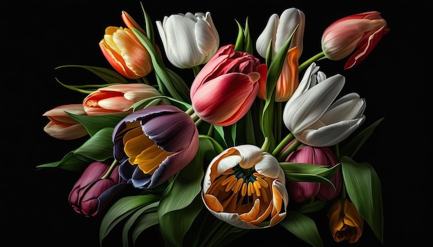 Tulips colorful bouquet on a black background Mothers Day gift Generative AI