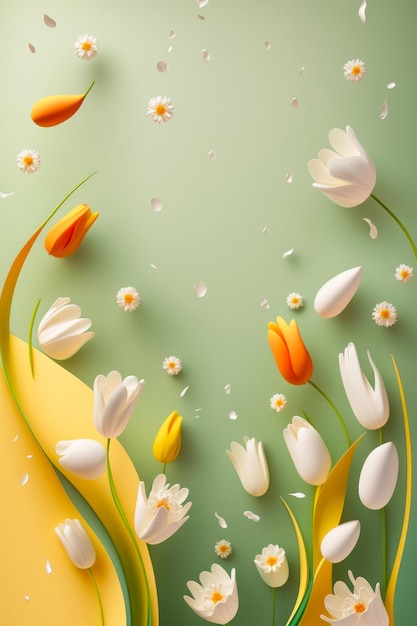 Tulips and daffodils are flying in the air on green background Generative AI