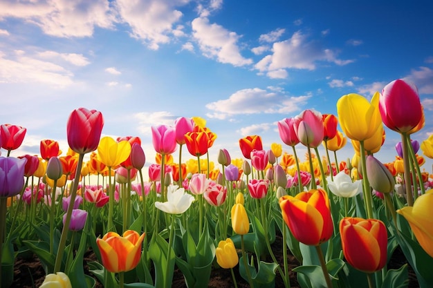 tulips in a field of tulips against a blue sky with clouds.