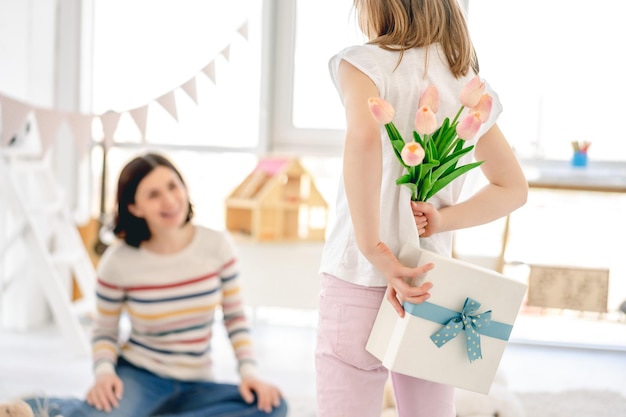 Tulips and gift box for happy mother