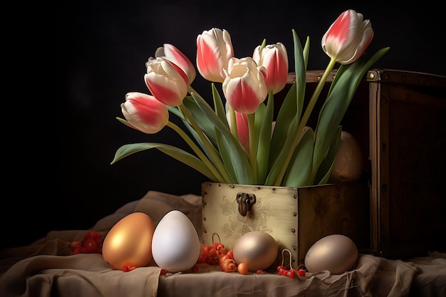 Tulips near box with eggs