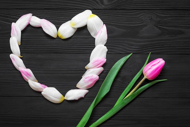 Tulips and red heart on a wooden background