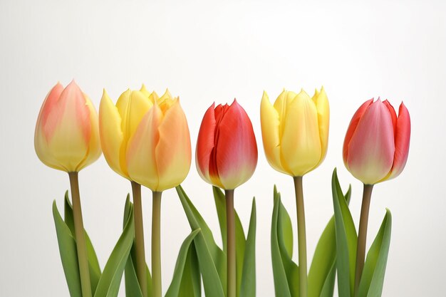 Tulips in a row with white background