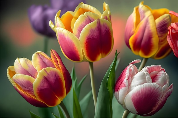 Tulips spring flowers of different colors Flowers buds tulips closeup Best gift for a woman