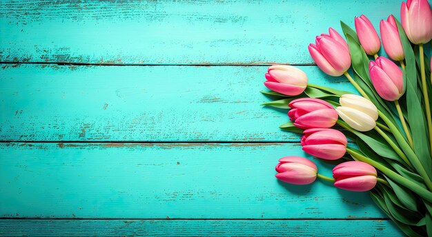 Tulips on turquoise wooden boards banner Generative AI