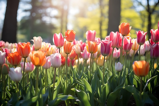 Tulips of various colors in nature in spring